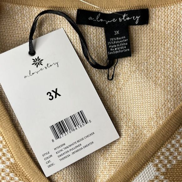 NEW A LOVE STORY Womens sweater 3x tan white checker v-neck sweater buttery soft - Picture 4 of 5